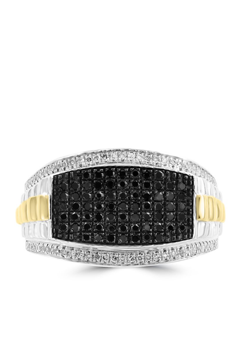 Mens 1/2 ct. t.w. Diamond and Black Diamond Ring in Sterling Silver and 14k Yellow Gold