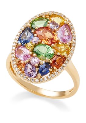 Effy 1/6 Ct. T.w. Diamond And 4.2 Ct. T.w. Multi Sapphire Ring In 14K Yellow Gold