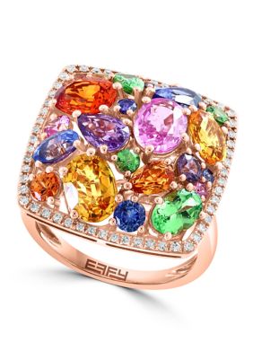 Effy 1/4 Ct. T.w. Diamond, 7.20 Ct. T.w. Multicolored Sapphire Ring In 14K Rose Gold