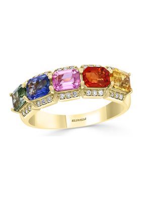Effy 1/6 Ct. T.w. Diamond And 2.44 Ct. T.w. Sapphire, Green Sapphire, Pink Sapphire, Yellow Sapphire, Orange Sapphire Ring In 14K Yellow Gold