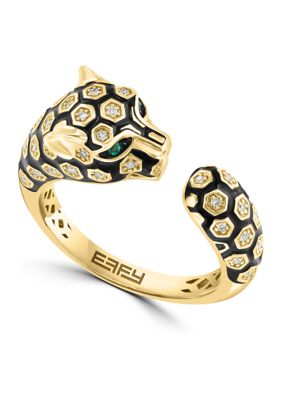 Effy 1/8 Ct. T.w. Diamond Natural Emerald Panther Ring In 14K Yellow Gold