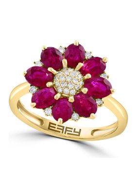 Effy 1/8 Ct. T.w. Diamond And Natural Ruby Flower Ring In 14K Yellow Gold
