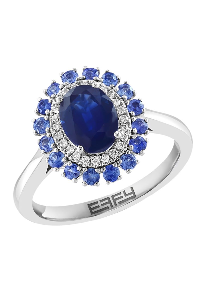 1/10 ct. t.w. Diamond and Natural Sapphire Halo Ring in 14K White Gold