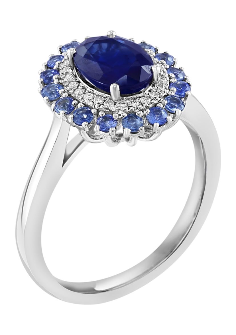 1/10 ct. t.w. Diamond and Natural Sapphire Halo Ring in 14K White Gold