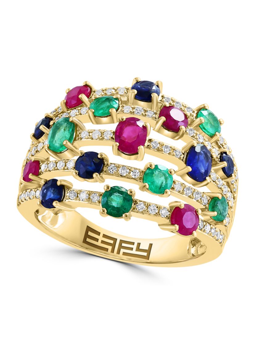 1/3 ct. t.w. Emerald, 3/4 ct. t.w. Diamond, Ruby, Sapphire Multi Stack Ring in 14K Yellow Gold