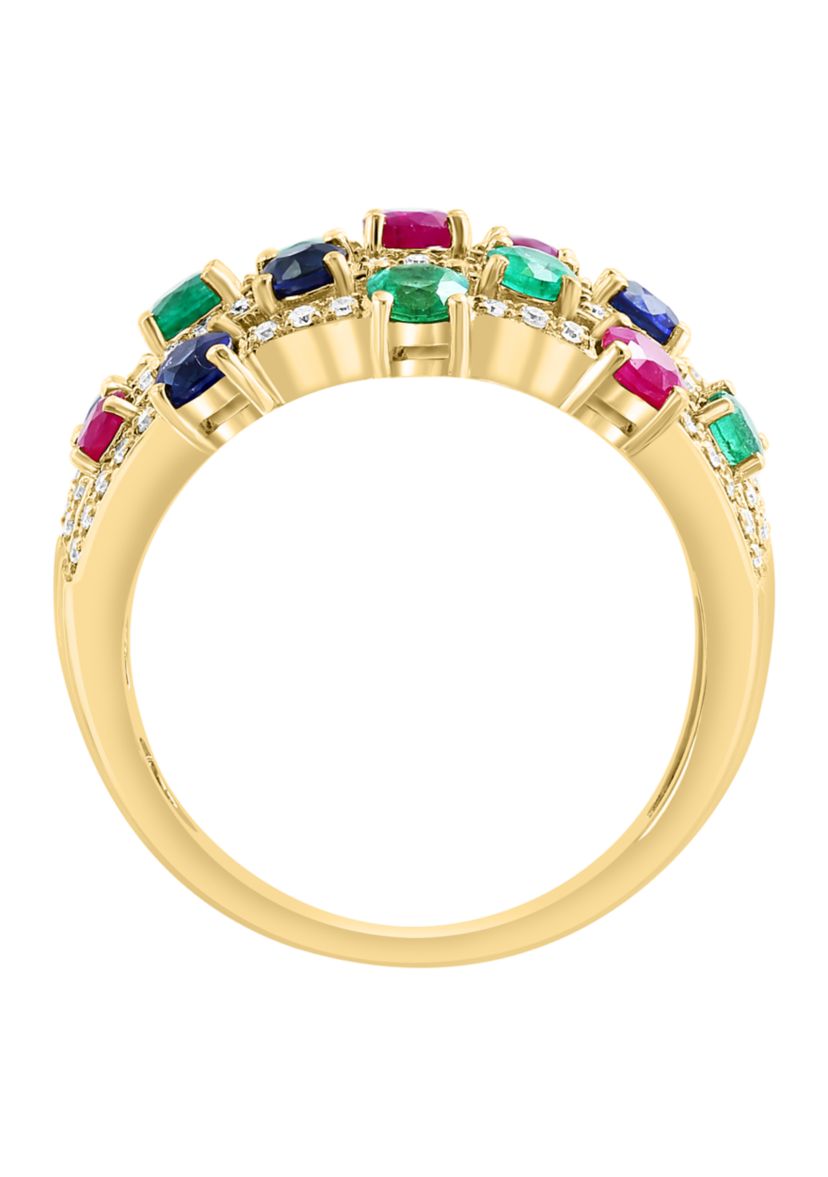 1/3 ct. t.w. Emerald, 3/4 ct. t.w. Diamond, Ruby, Sapphire Multi Stack Ring in 14K Yellow Gold