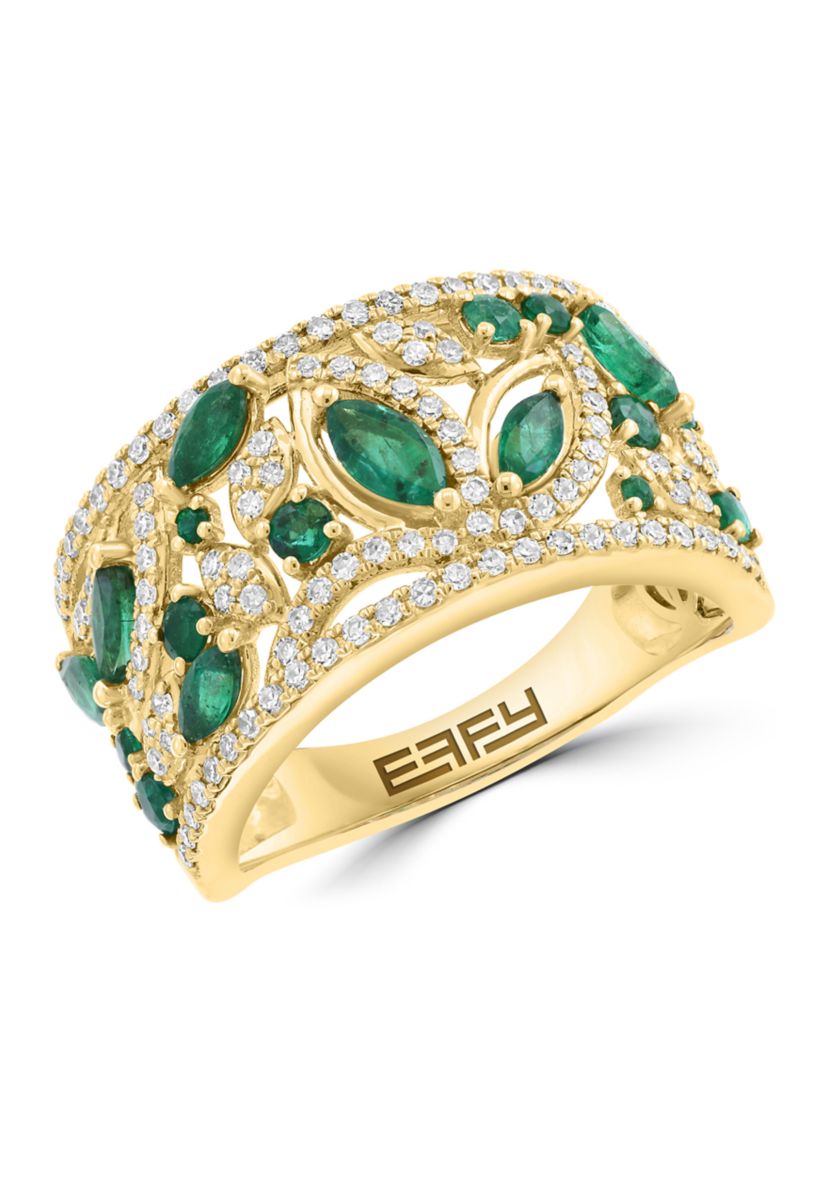 14K Yellow Gold Diamond, Natural Emerald Ring