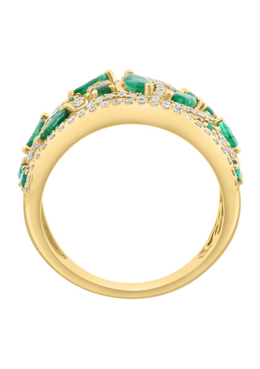14K Yellow Gold Diamond, Natural Emerald Ring