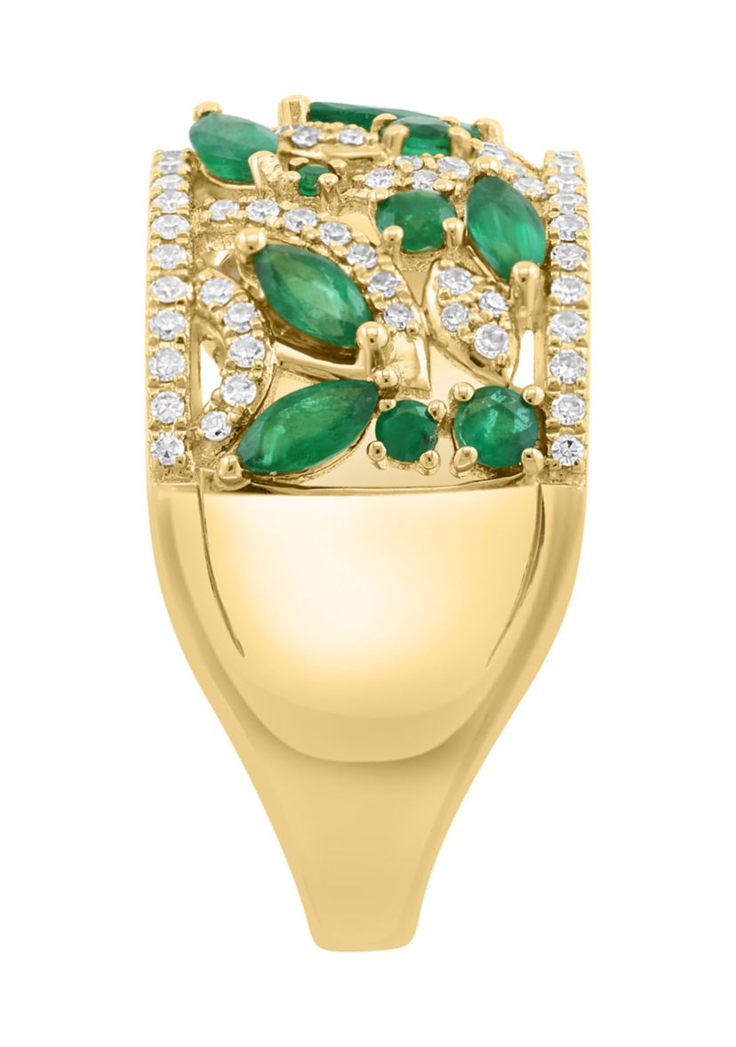 14K Yellow Gold Diamond, Natural Emerald Ring