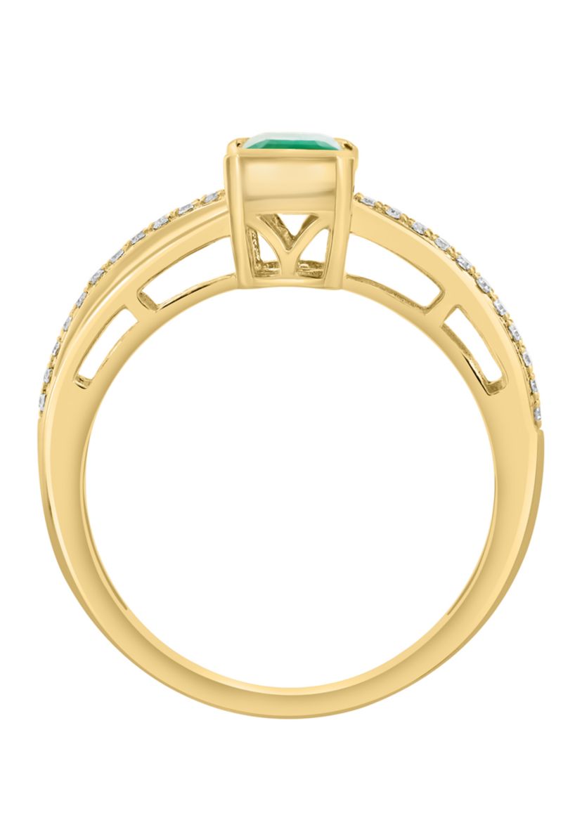 1/10 ct. t.w. Diamond and Natural Emerald Ring in 14K Yellow Gold