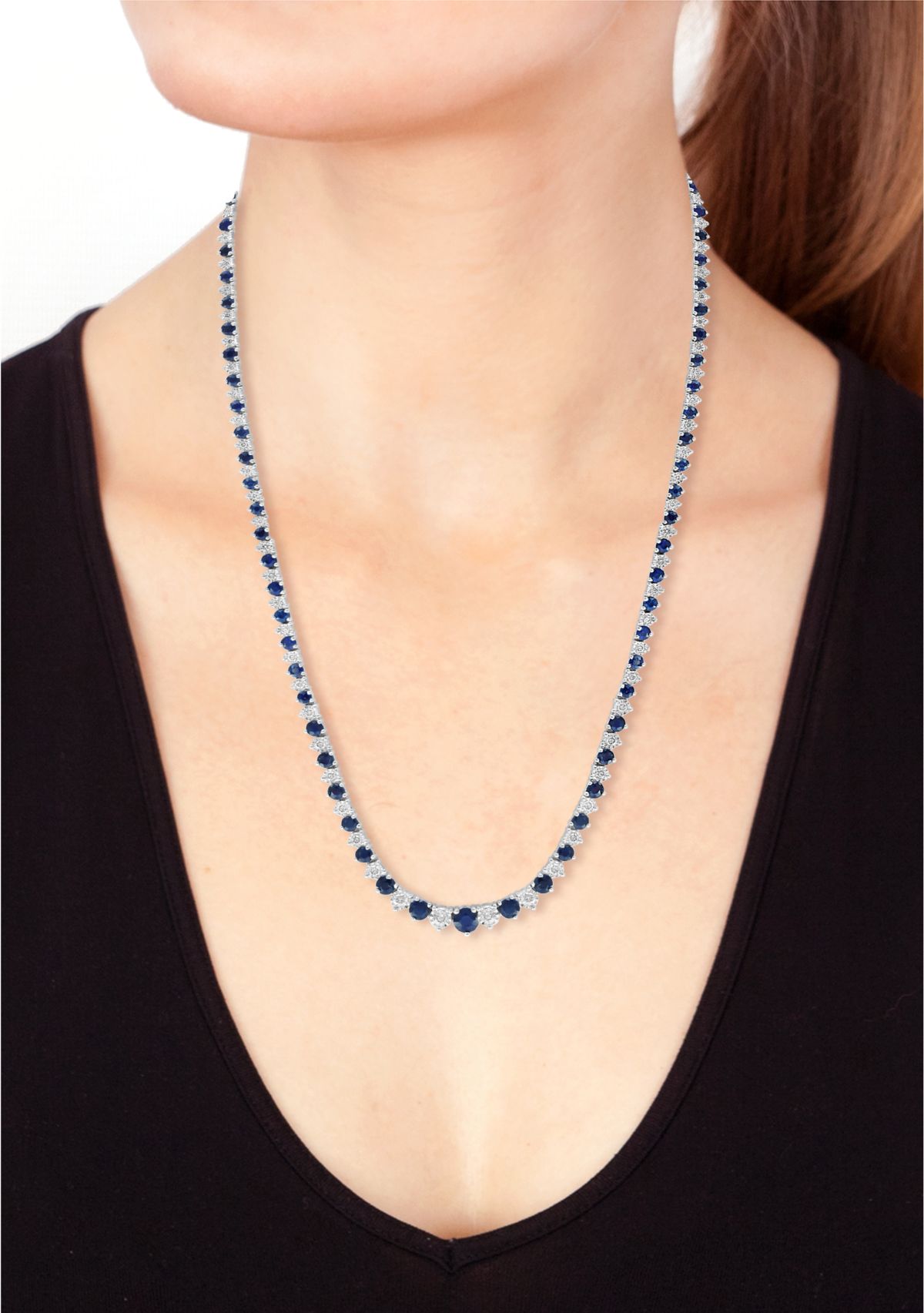 1.47 ct. t.w. Diamond and 7.48 ct. t.w. Natural Sapphire Tennis Necklace in Sterling Silver