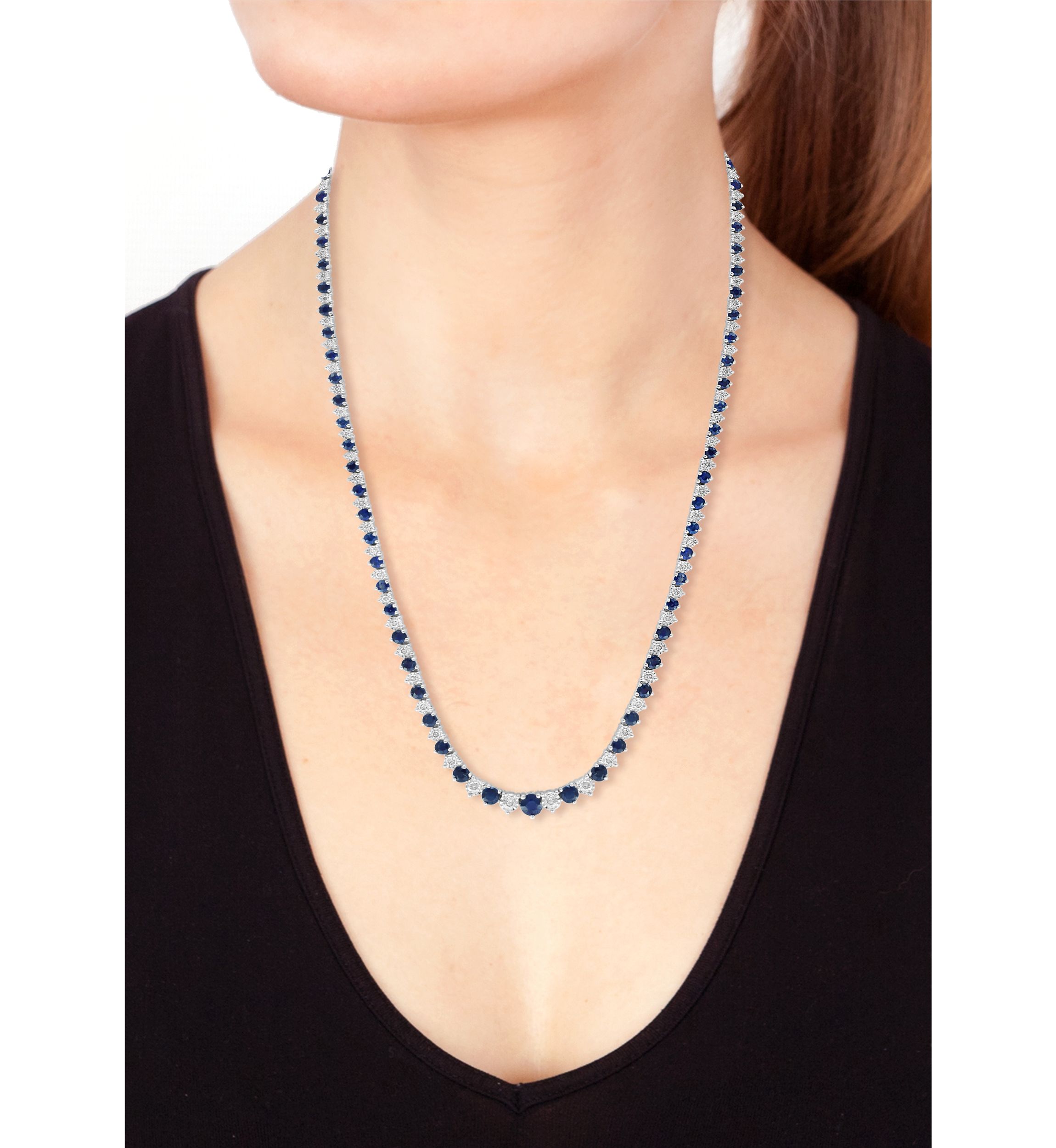 1.47 ct. t.w. Diamond and 7.48 ct. t.w. Natural Sapphire Tennis Necklace in Sterling Silver