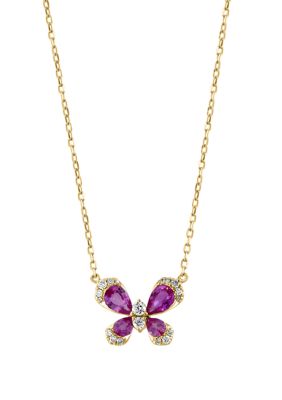 Effy 1/6 Ct. T.w. Diamond, Pink Sapphire Butterfly Necklace In 14K Yellow Gold