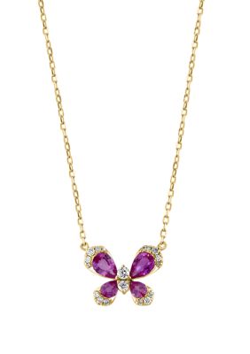 Effy 1/6 ct. t.w. Diamond, Pink Sapphire Butterfly Necklace in 14k Yellow Gold, 16 in