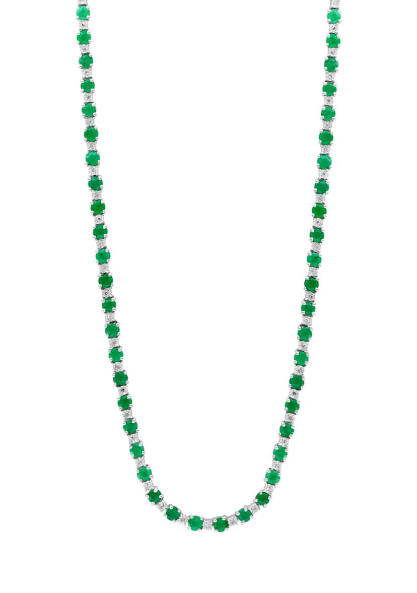 Diamond and Natural Emerald Necklace in Sterling Silver