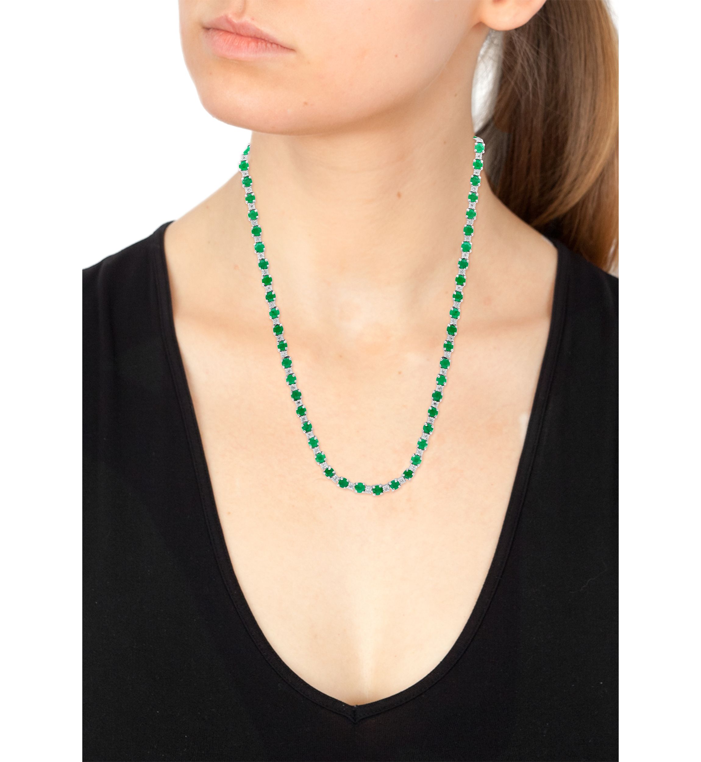 Diamond and Natural Emerald Necklace in Sterling Silver
