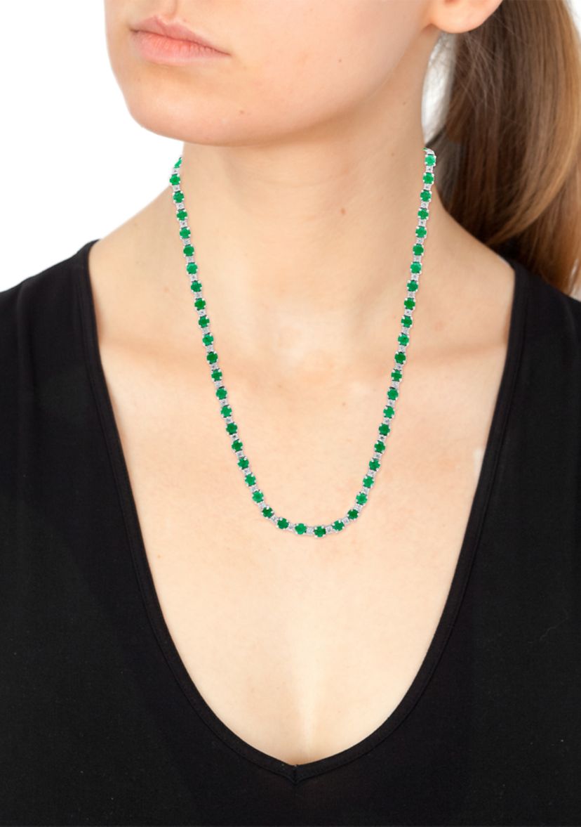 Diamond and Natural Emerald Necklace in Sterling Silver
