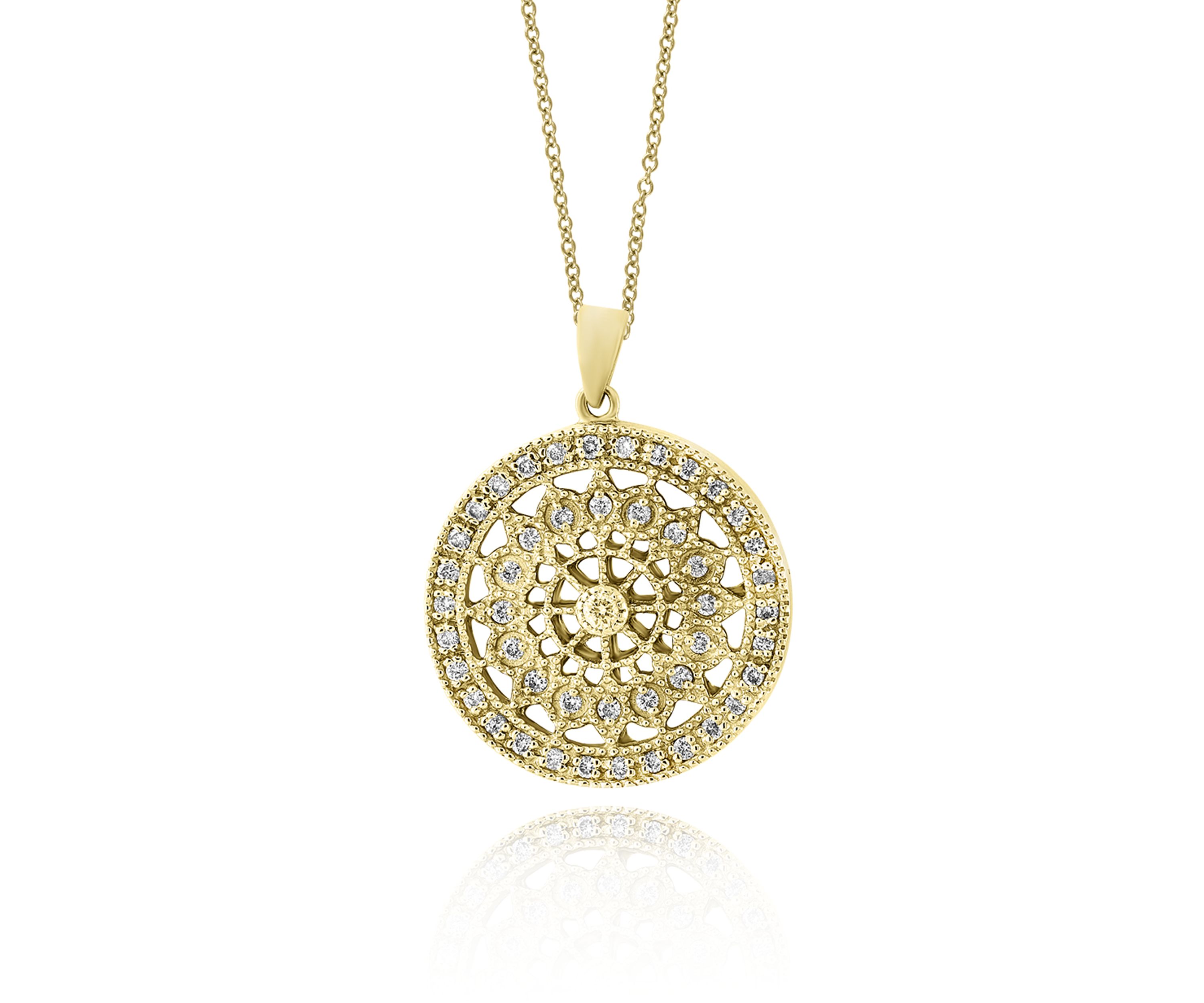 Diamond Filigree Wheel Pendant Necklace in 14K Yellow Gold
