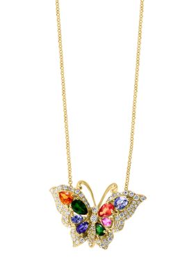 Effy 7/8 Ct. T.w. Multi Sapphire, 1.56 Ct. T.w. Tsavorite, 3/4 Ct. T.w. Diamond Butterfly Pendant Necklace In 14K Yellow Gold