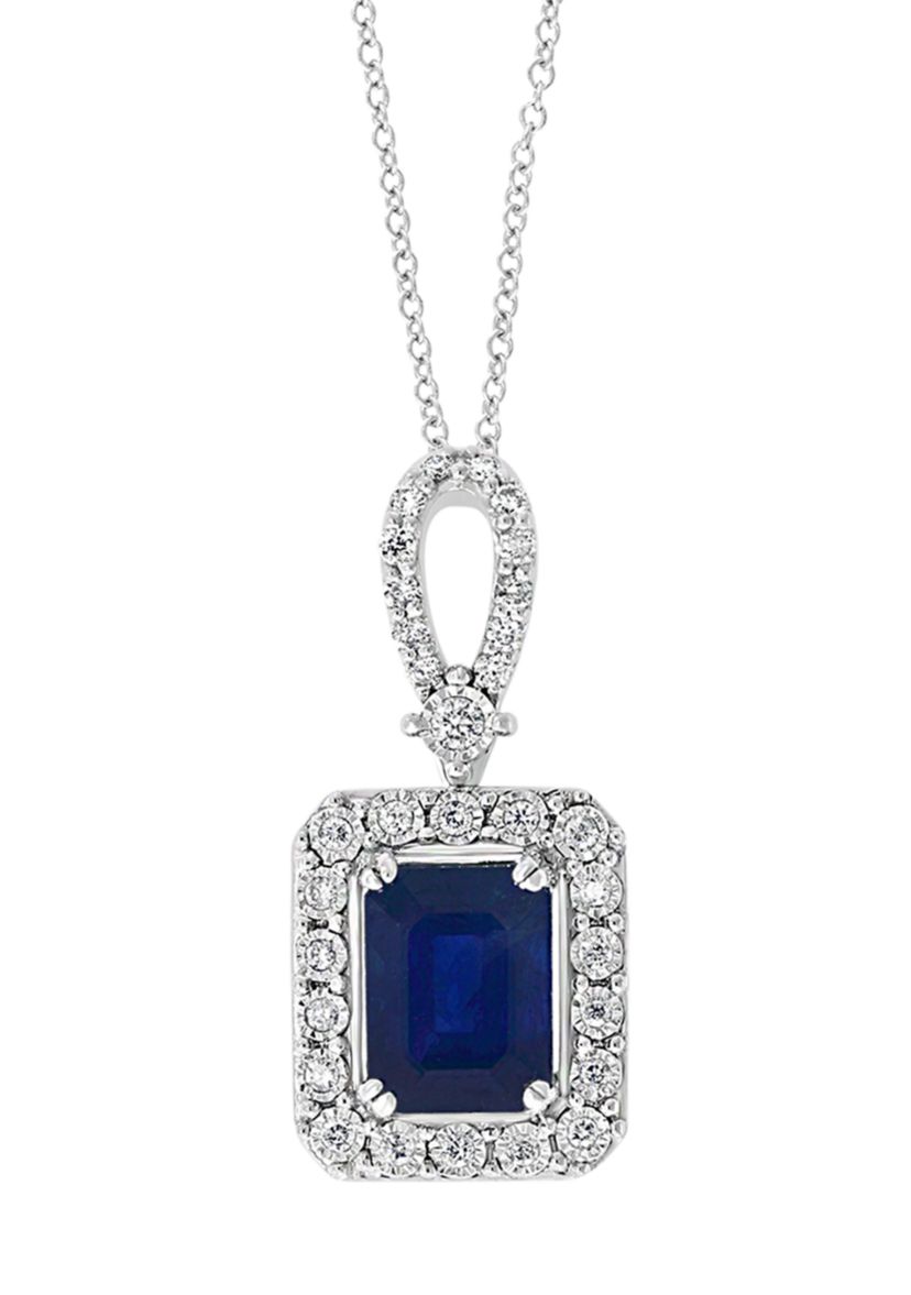 1/5 ct. t.w. Diamond and 1.52 ct. t.w. Sapphire Halo Pendant Necklace in 14K White Gold