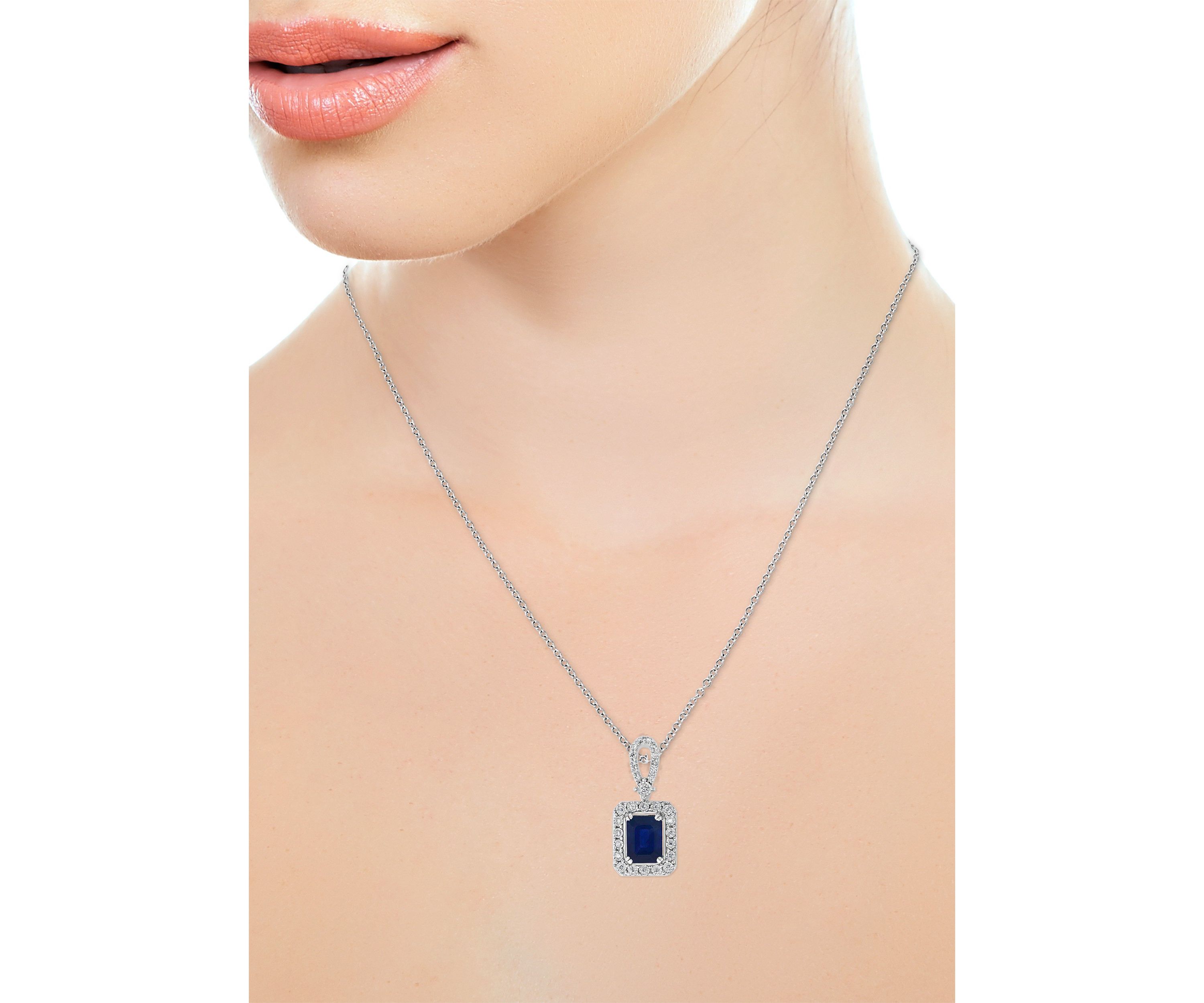 1/5 ct. t.w. Diamond and 1.52 ct. t.w. Sapphire Halo Pendant Necklace in 14K White Gold