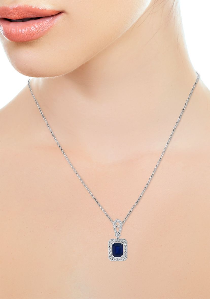 1/5 ct. t.w. Diamond and 1.52 ct. t.w. Sapphire Halo Pendant Necklace in 14K White Gold