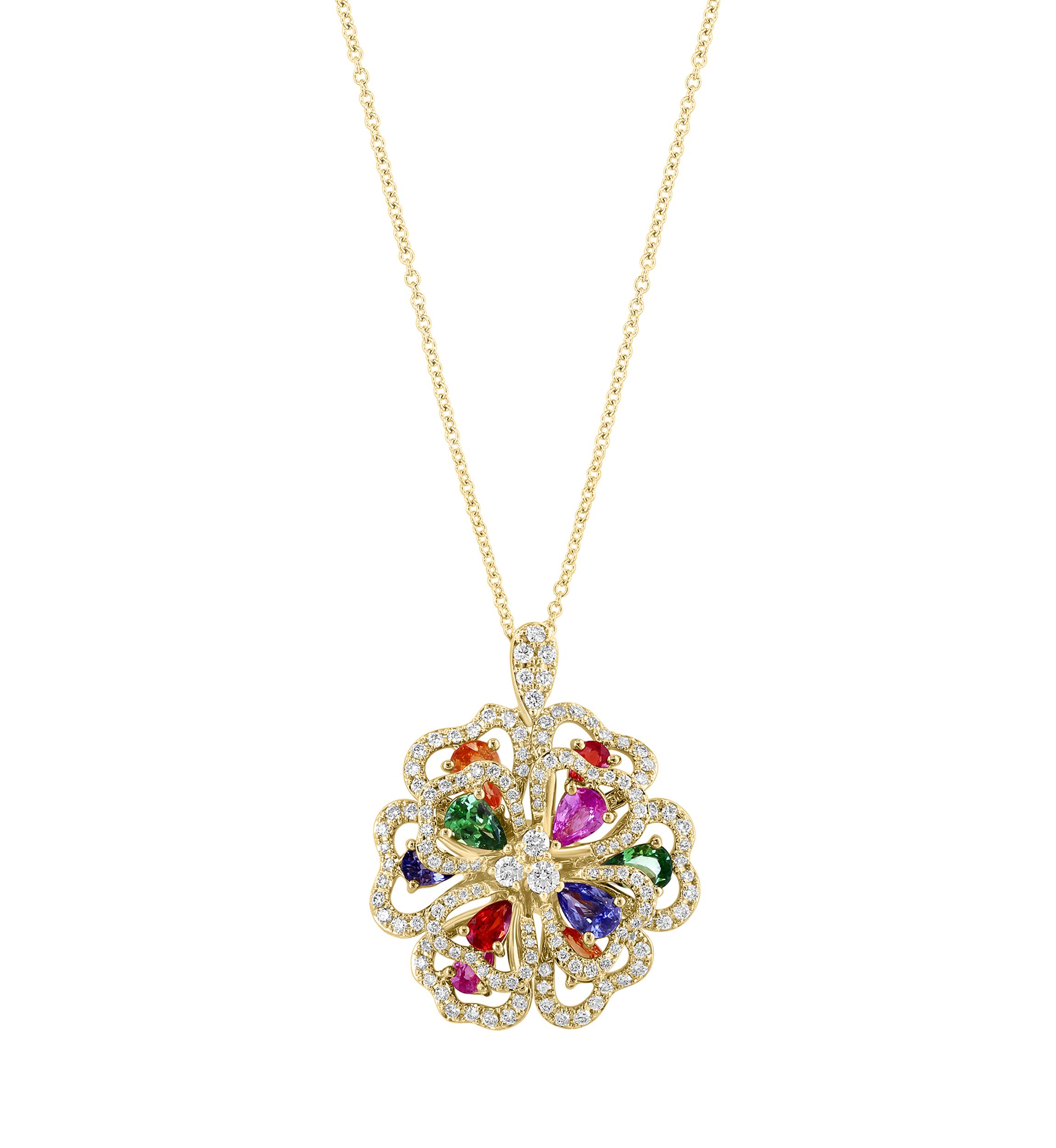 1.01 ct. t.w. Multi Sapphire, 3.3 ct. t.w. Tsavorite, 1/2 ct. t.w. Diamond Floral Pendant Necklace in 14K Yellow Gold