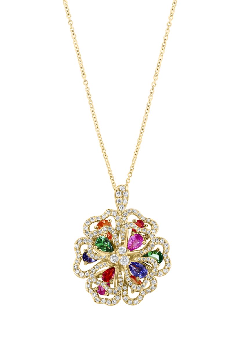 1.01 ct. t.w. Multi Sapphire, 3.3 ct. t.w. Tsavorite, 1/2 ct. t.w. Diamond Floral Pendant Necklace in 14K Yellow Gold