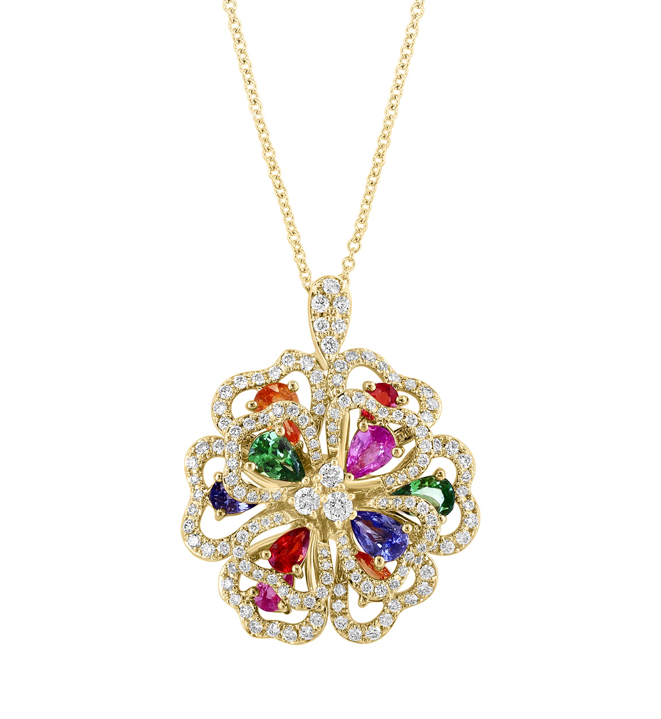 1.01 ct. t.w. Multi Sapphire, 3.3 ct. t.w. Tsavorite, 1/2 ct. t.w. Diamond Floral Pendant Necklace in 14K Yellow Gold
