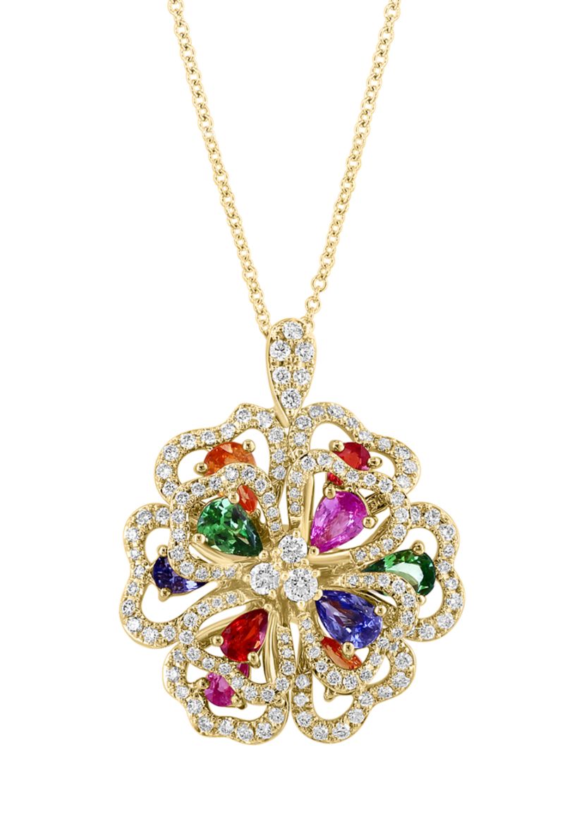 1.01 ct. t.w. Multi Sapphire, 3.3 ct. t.w. Tsavorite, 1/2 ct. t.w. Diamond Floral Pendant Necklace in 14K Yellow Gold