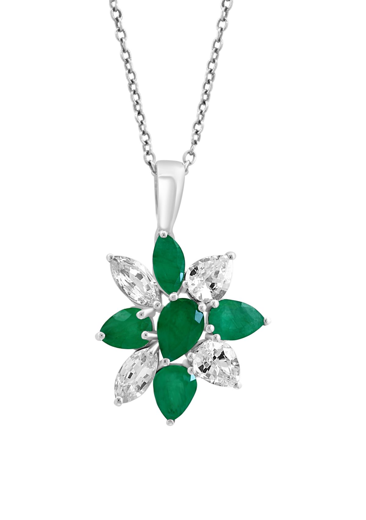 Emerald and White Sapphire Pendant Necklace in 14K White Gold