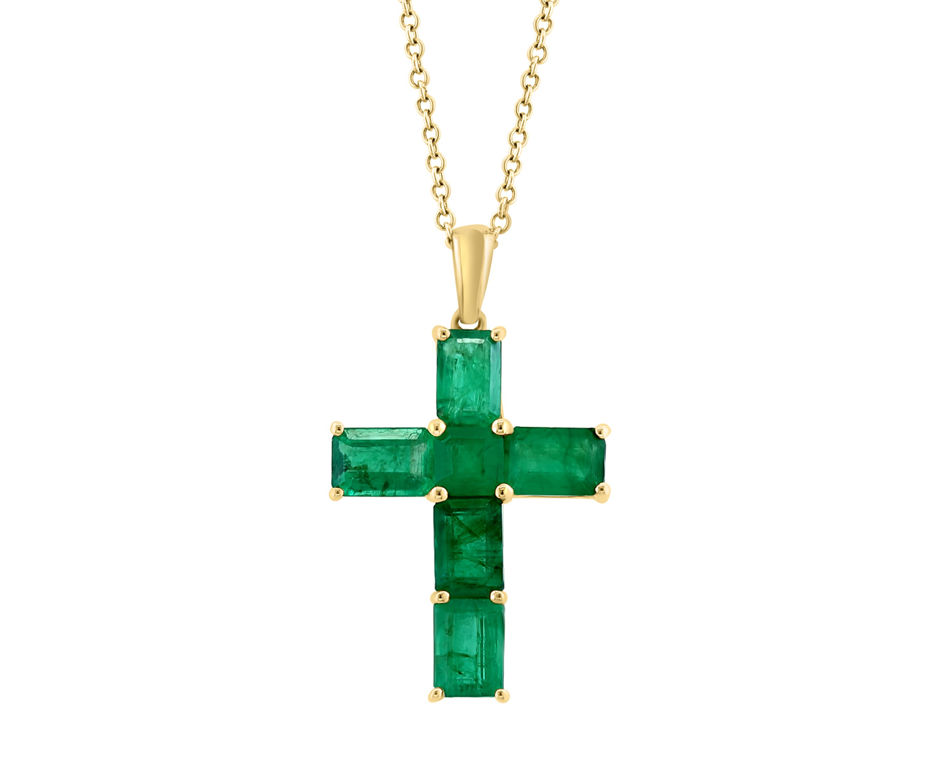 Natural Emerald Cross Pendant Necklace in 14K Yellow Gold