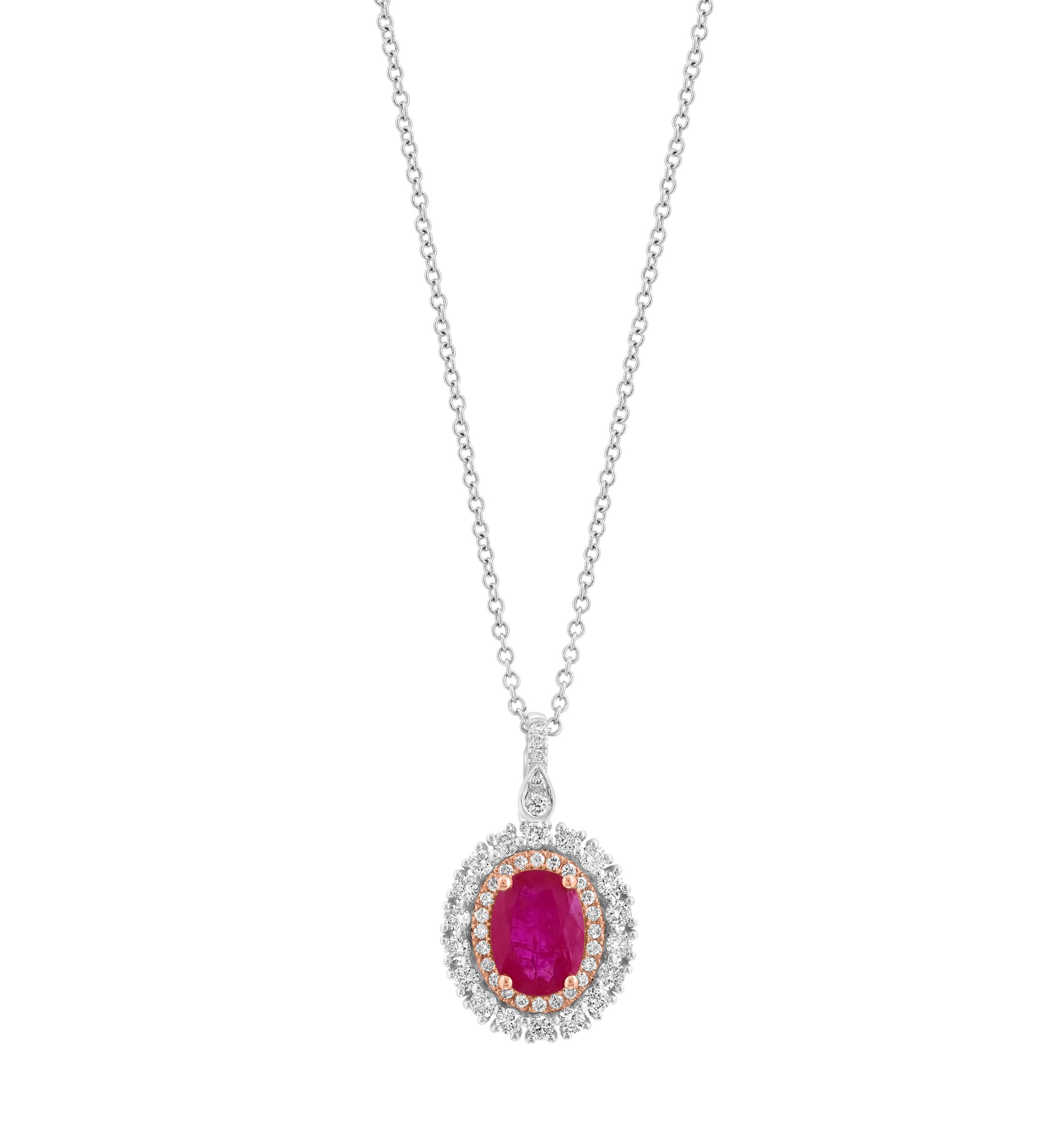 1/2 ct. t.w. Diamond, 1.42 ct. t.w. Ruby Pendant Necklace in 14K White and Rose Gold