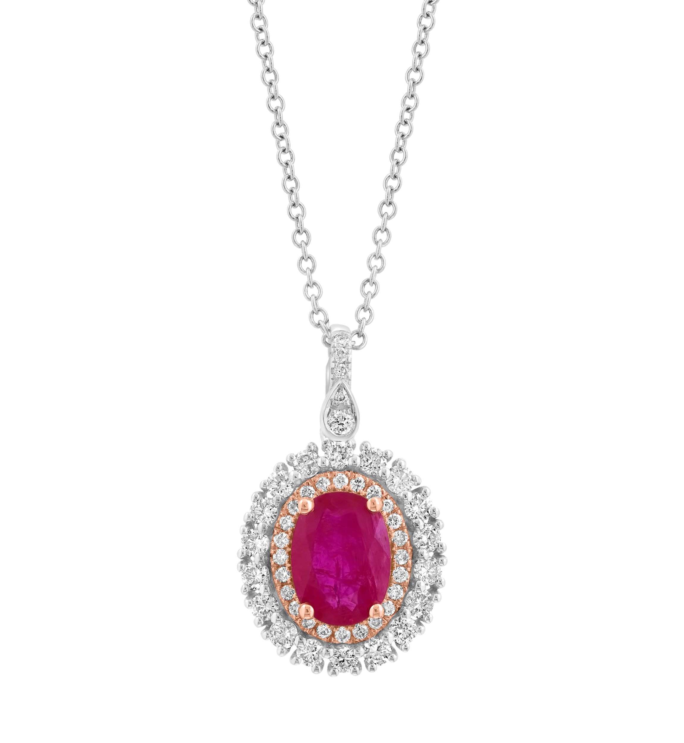 1/2 ct. t.w. Diamond, 1.42 ct. t.w. Ruby Pendant Necklace in 14K White and Rose Gold