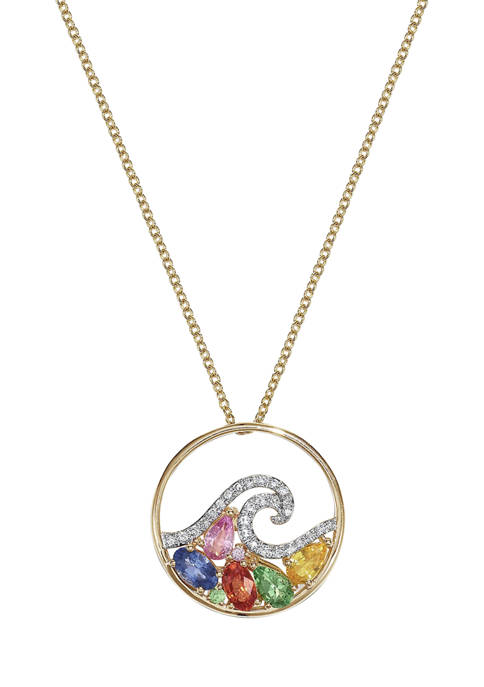 1/8 ct. t.w. Diamond and 1.51 ct. t.w. Multi Sapphire Wave Pendant Necklace in 14K Yellow Gold 
