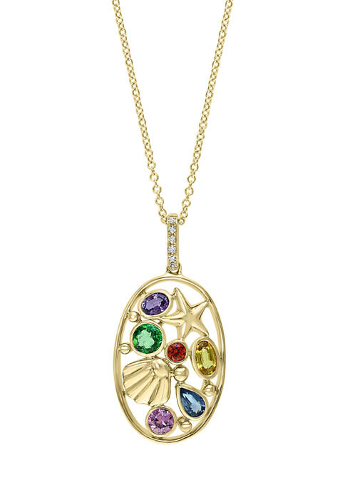 1/10 ct. t.w. Diamond and 1.45 ct. t.w. Multi Sapphire Oval Pendant Necklace in 14K Yellow Gold 