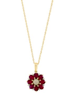 Effy 1/8 Ct. T.w. Diamond, Natural Ruby Flower Pendant Necklace In 14K Yellow Gold