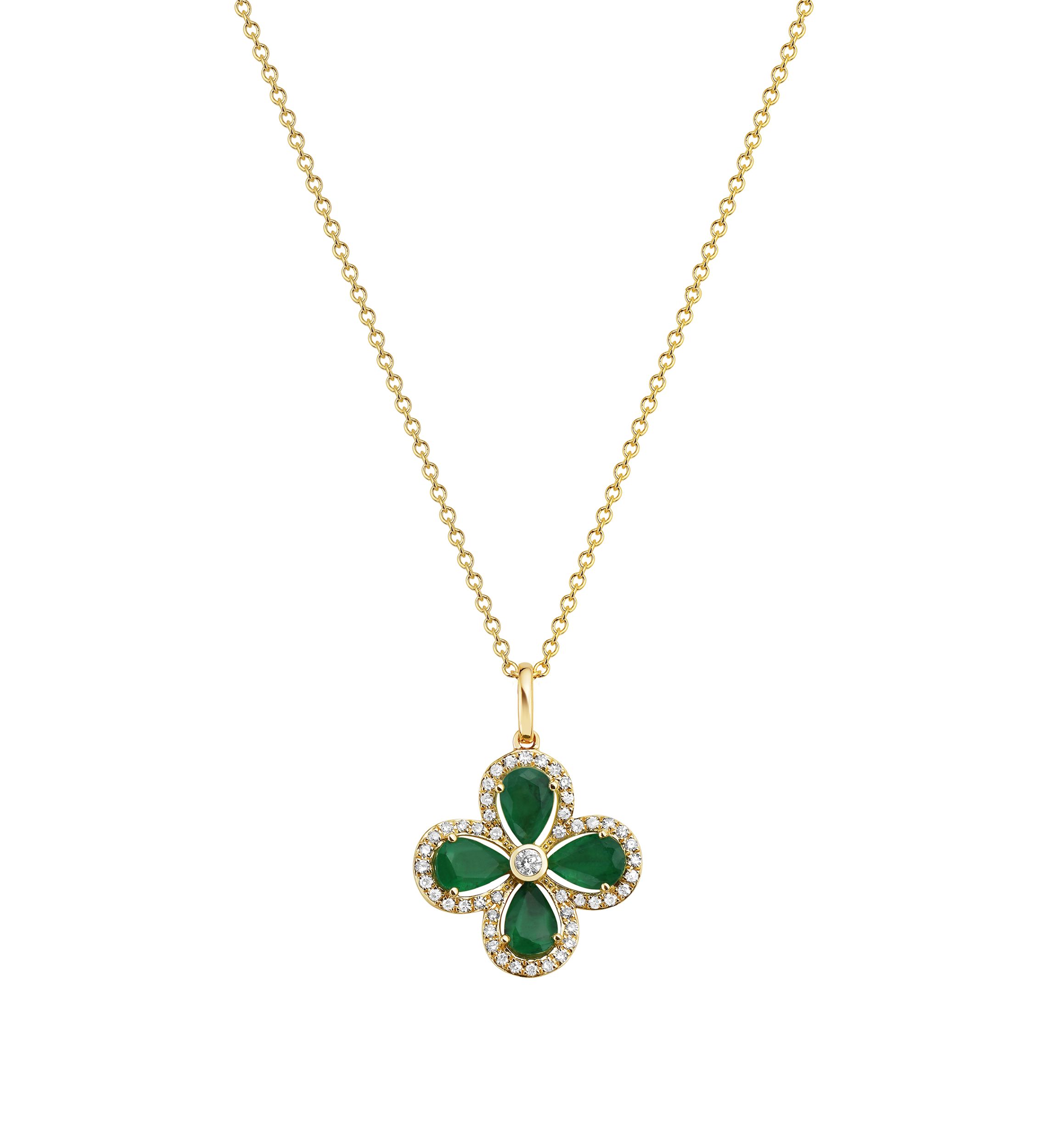 Diamond and Natural Emerald Pendant Necklace in 14K Yellow Gold