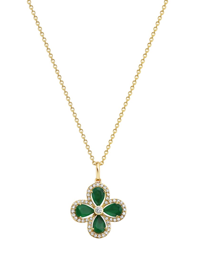 Diamond and Natural Emerald Pendant Necklace in 14K Yellow Gold