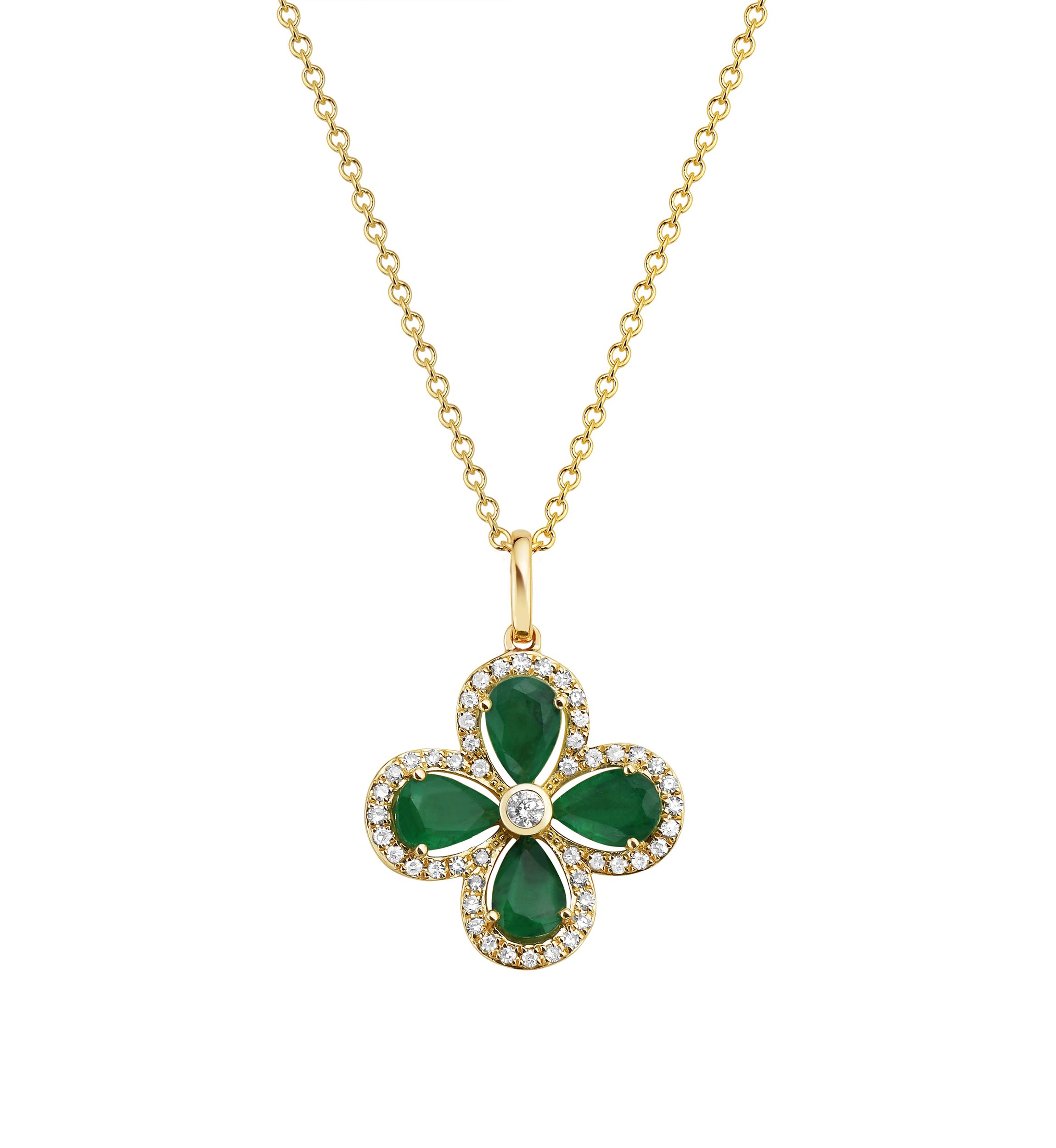 Diamond and Natural Emerald Pendant Necklace in 14K Yellow Gold