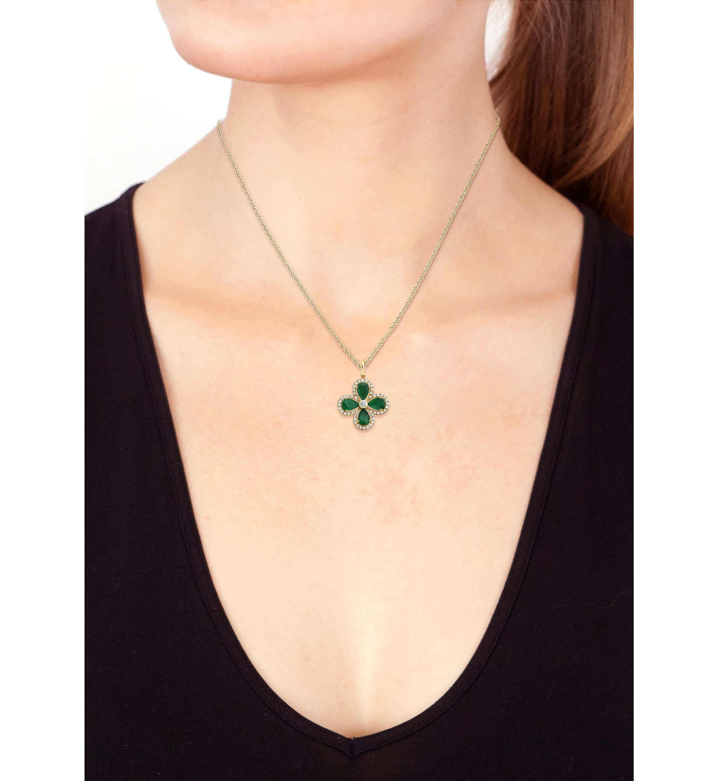 Diamond and Natural Emerald Pendant Necklace in 14K Yellow Gold