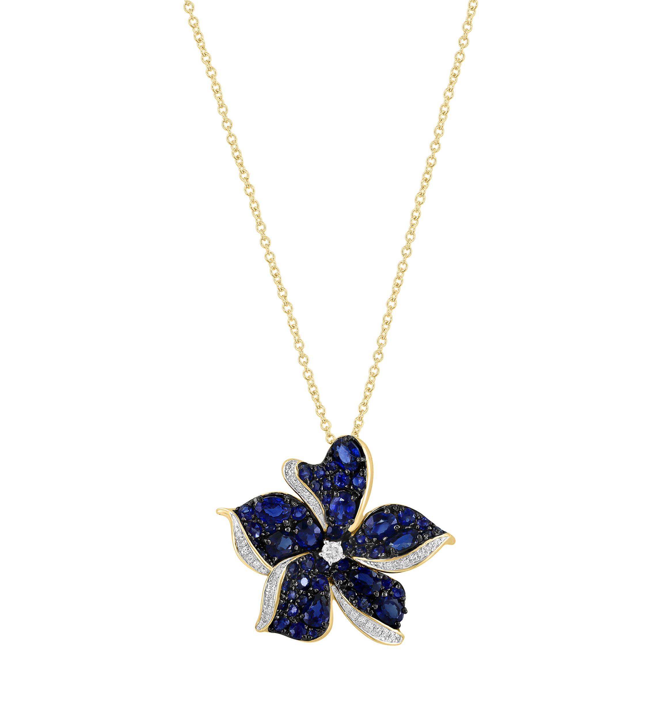 Diamond and Sapphire Flower Pendant Necklace in 14K Yellow Gold