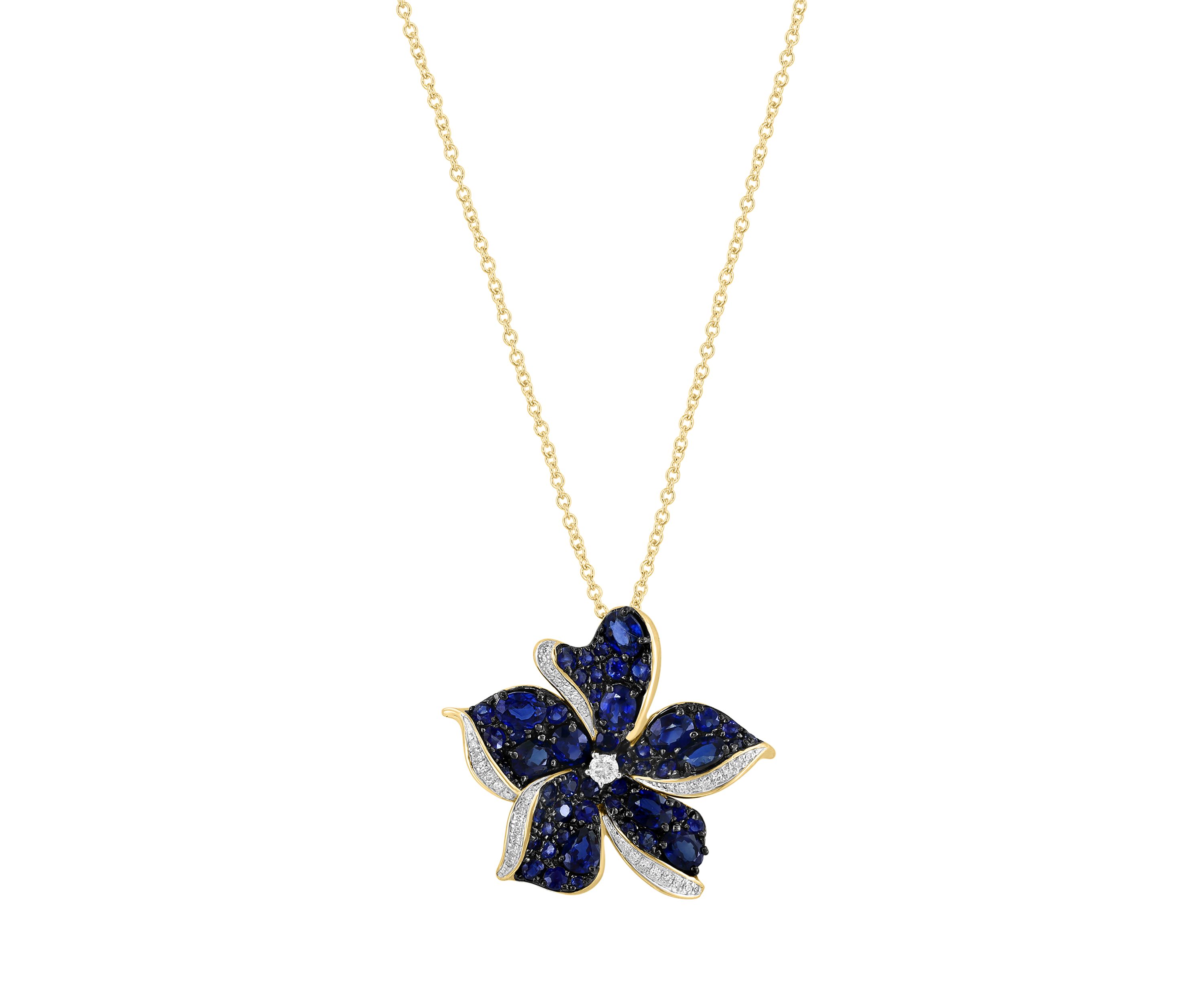 Diamond and Sapphire Flower Pendant Necklace in 14K Yellow Gold