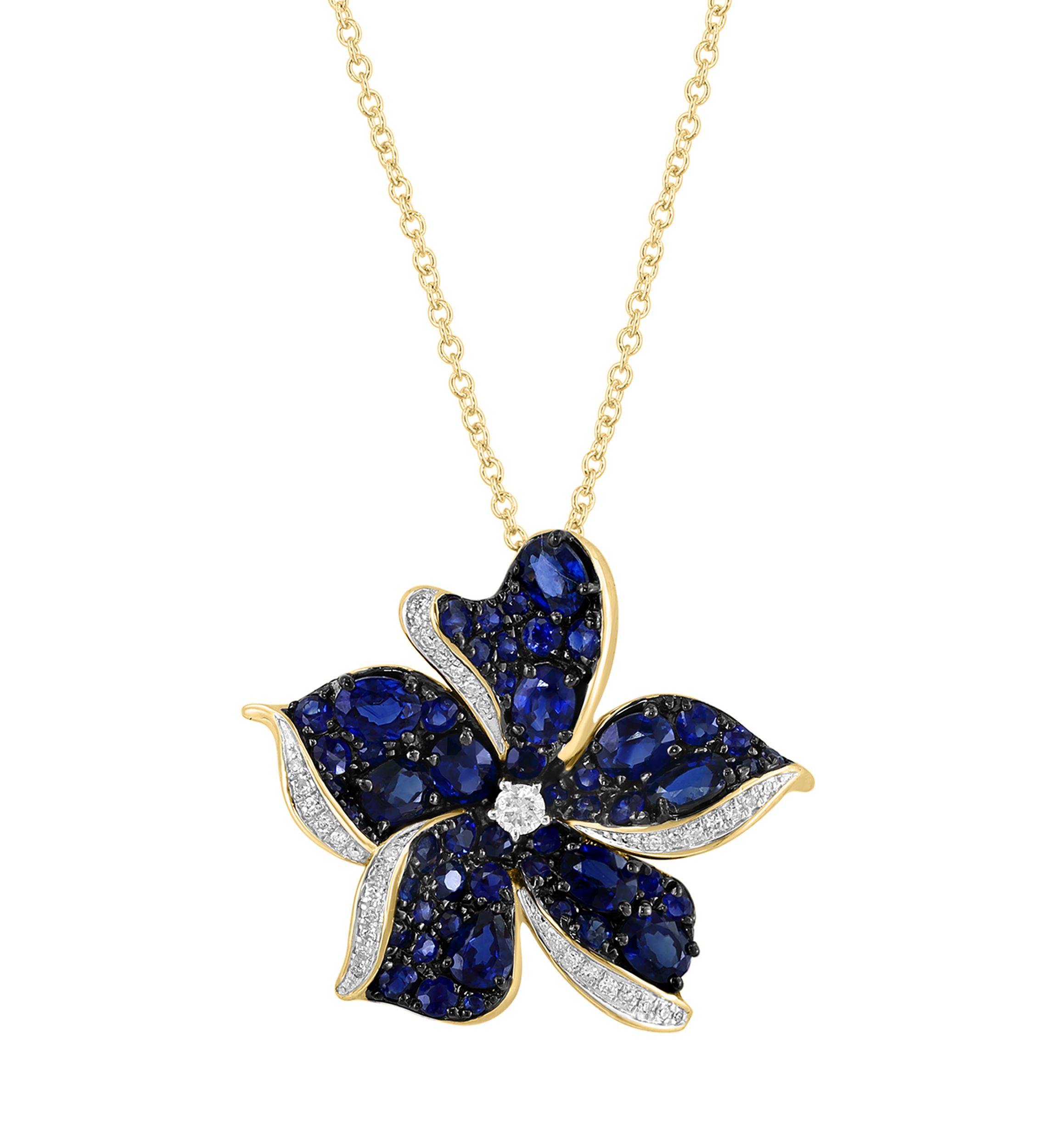 Diamond and Sapphire Flower Pendant Necklace in 14K Yellow Gold