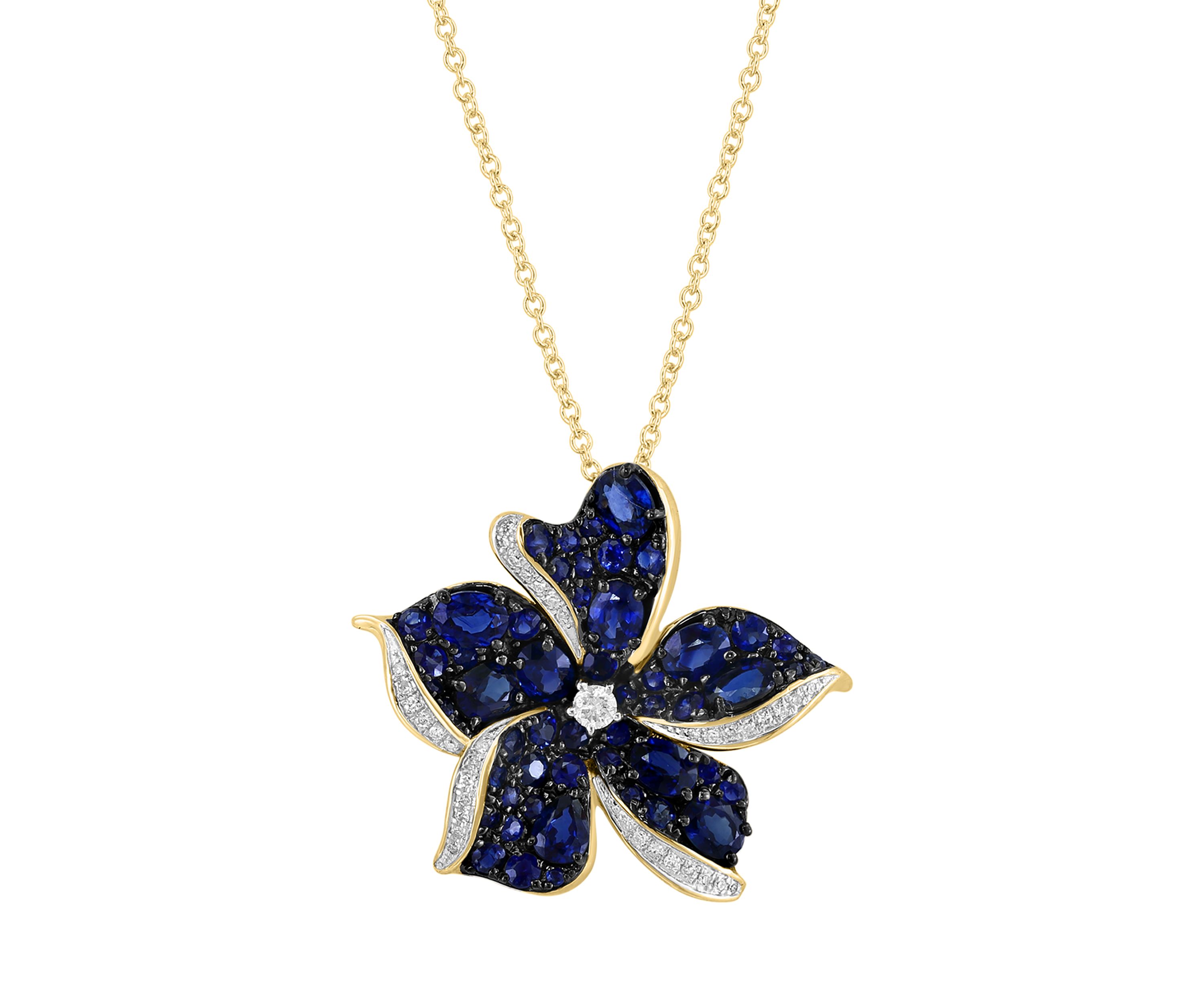 Diamond and Sapphire Flower Pendant Necklace in 14K Yellow Gold