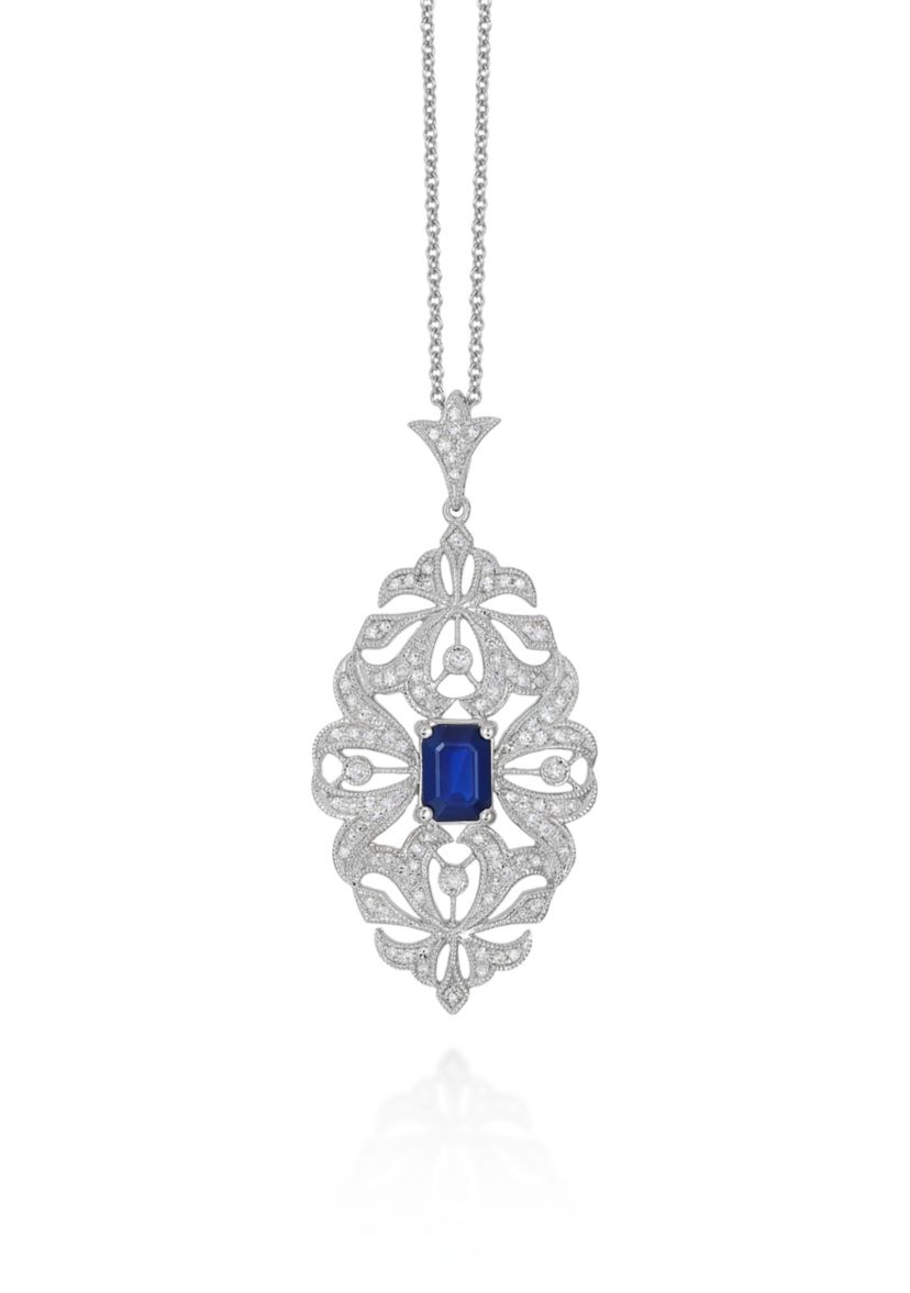Emerald Sapphire & Diamond Necklace in 14K White Gold