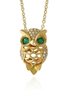 Effy® Diamond and Emerlad Owl Pendant Necklace in 14K Yellow Gold | belk