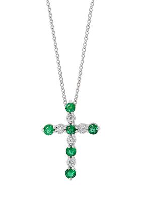 Effy 1/10 Ct. T.w. Diamond And 1/2 Ct. T.w. Emerald Pendant Necklace In 14K White Gold, 16 In -  0191120347554