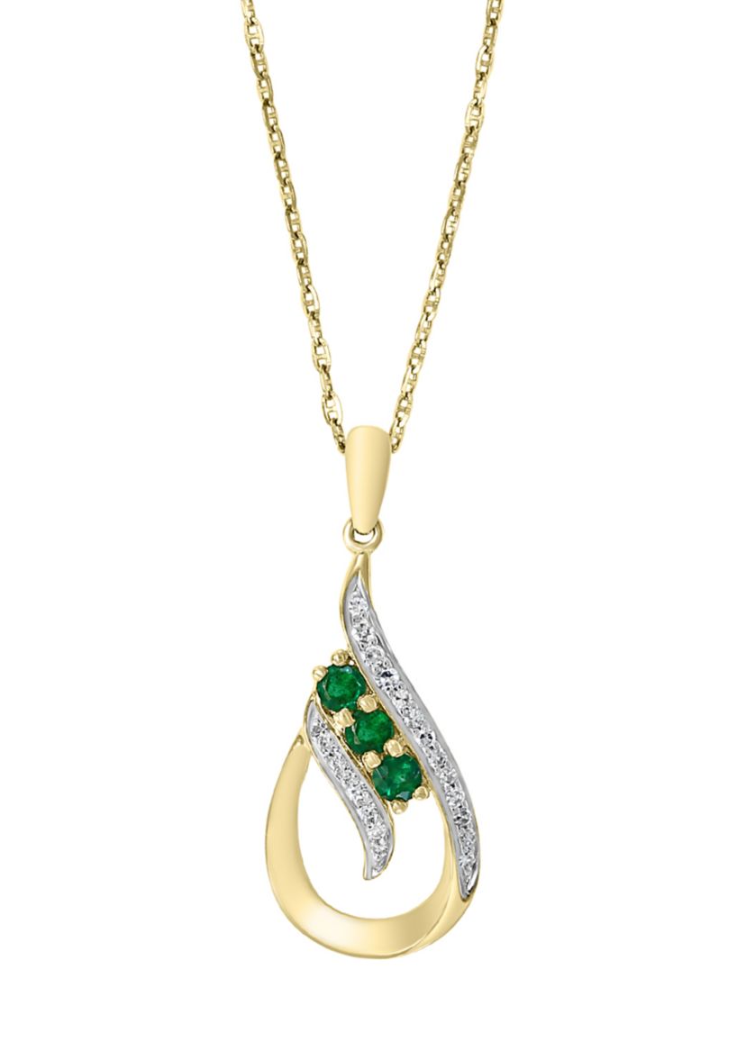 1/10 ct. t.w. Diamond and  1/4 ct. t.w. Emerald Pendant Necklace in 14K Yellow Gold 