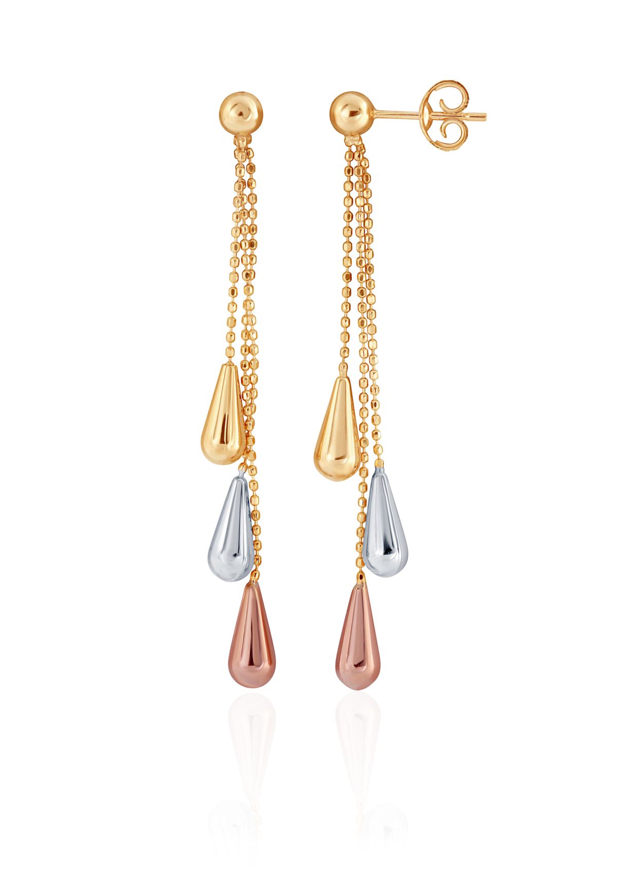 10k Yellow Gold, White Gold, and Rose Gold Teardrop Tassel Earrings